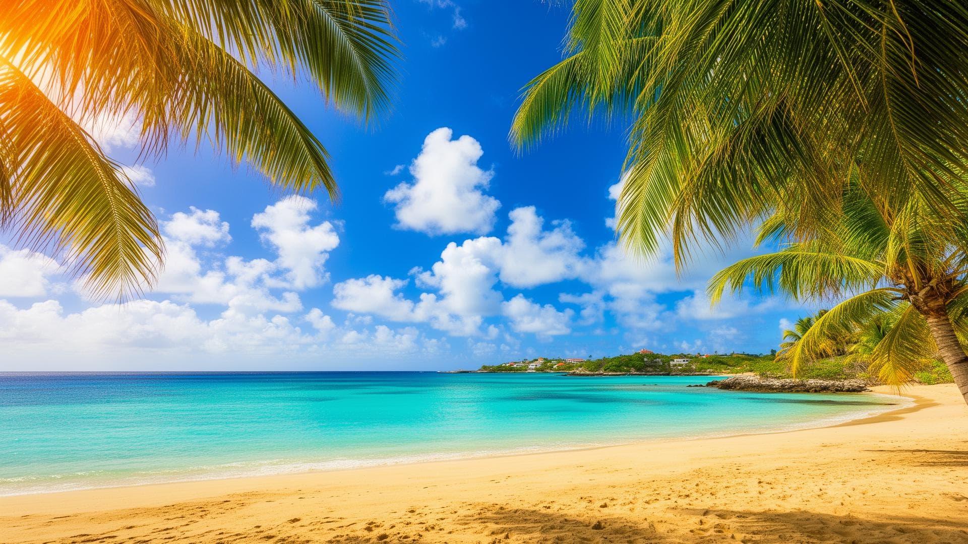 Palm trees swaying along a sunny Curacao coastline